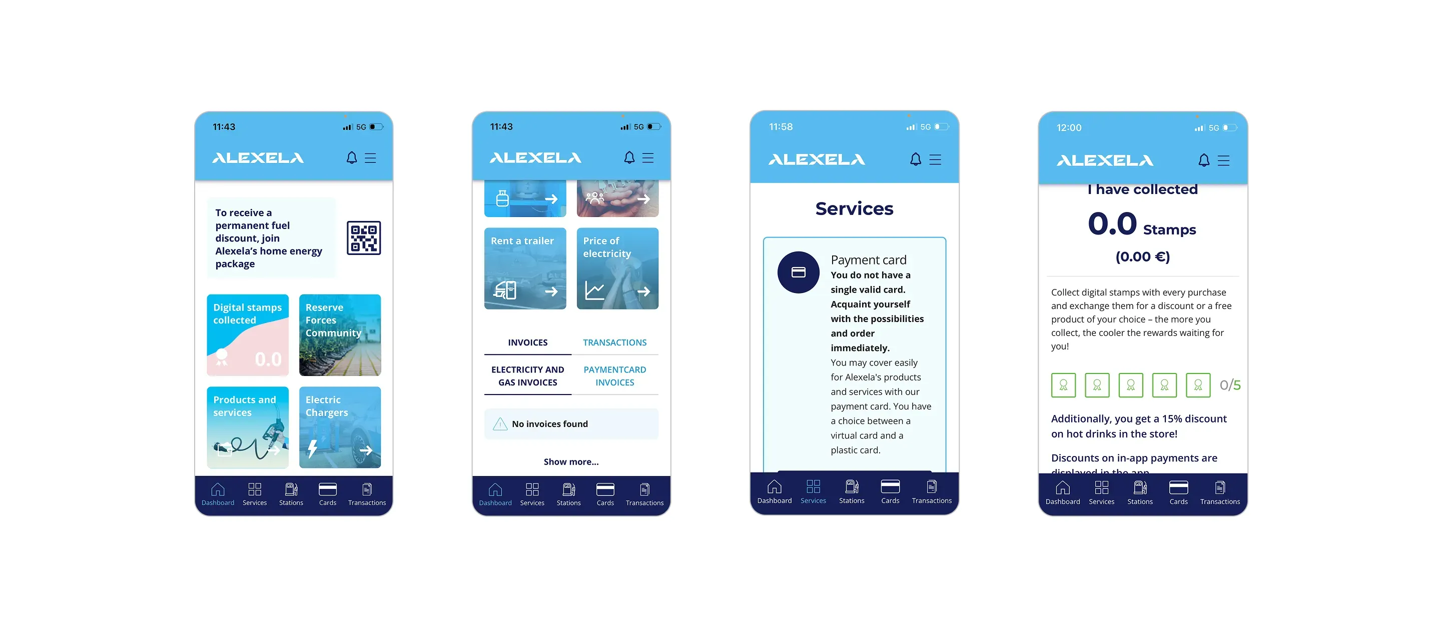 Alexela app design views before the redesign