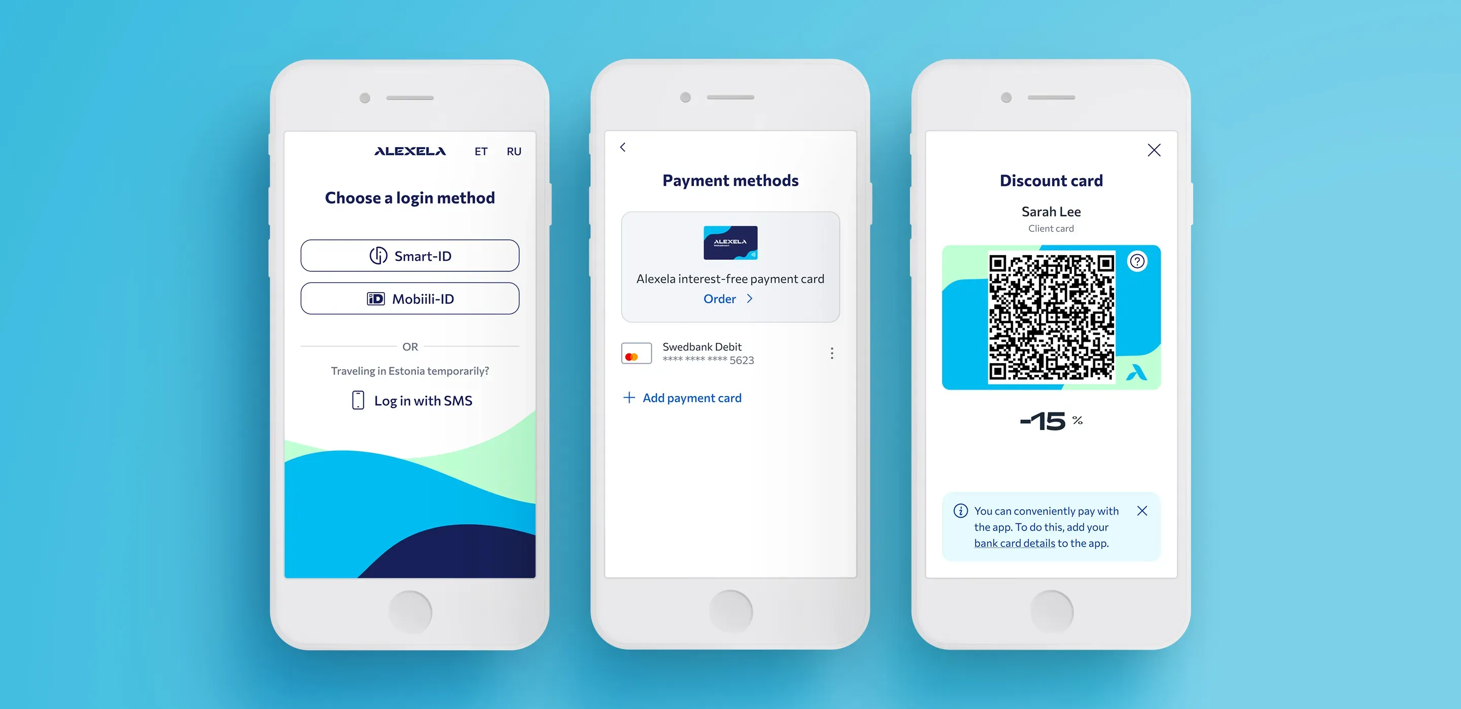 Alexela app design view with improved login-to-payment flow