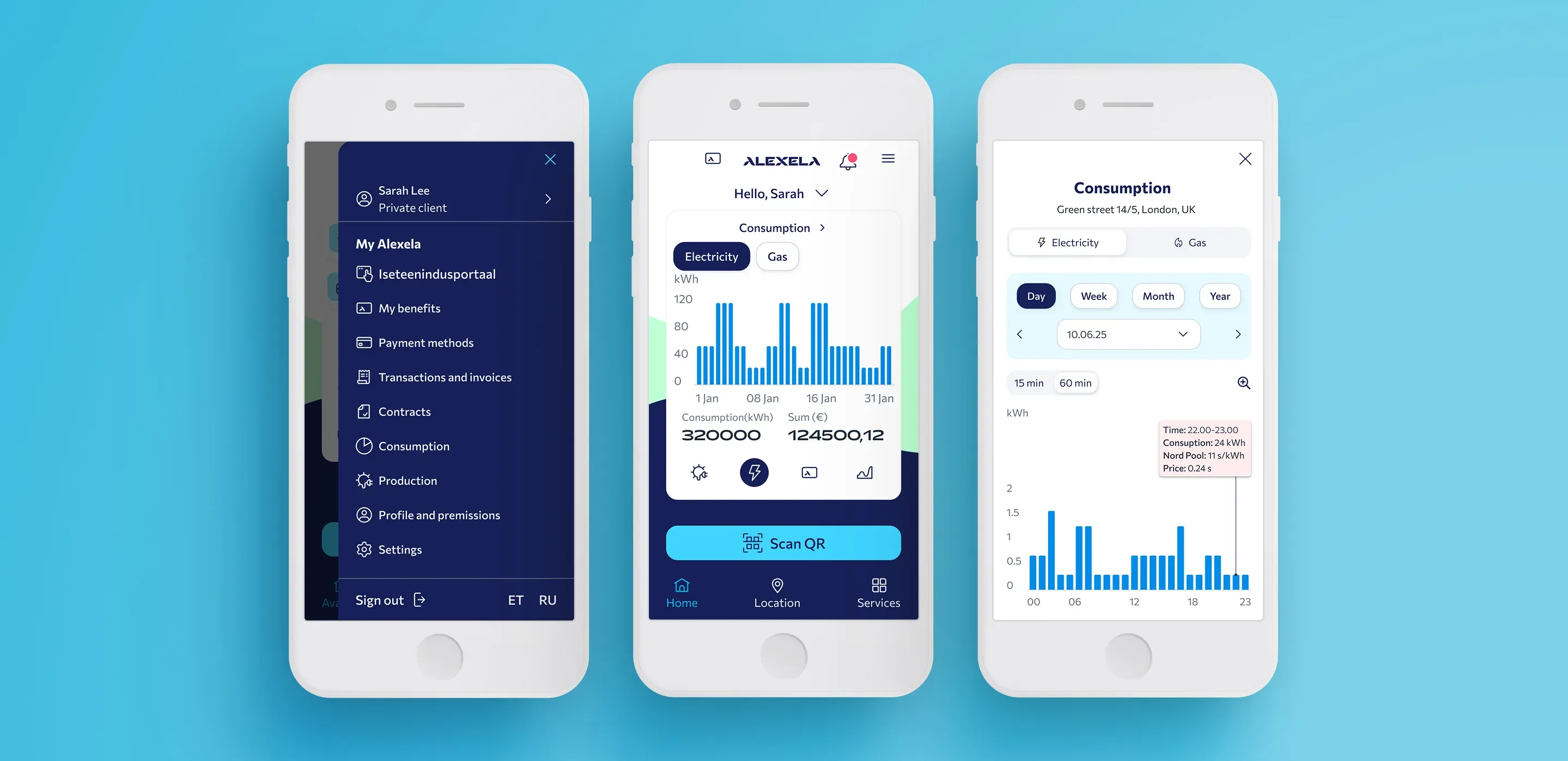Alexela app design view with improved menu structure